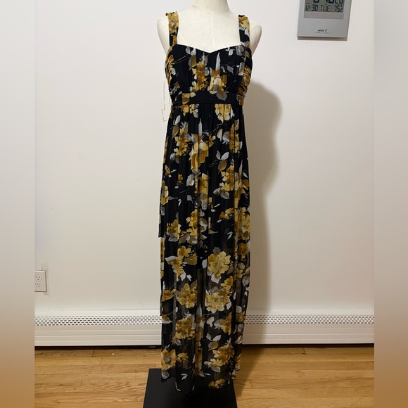 connected apparel Dresses & Skirts - NWT Connected Apparel Y2K Babydoll Mustard Floral Chiffon Overlay Maxi Dress 12
